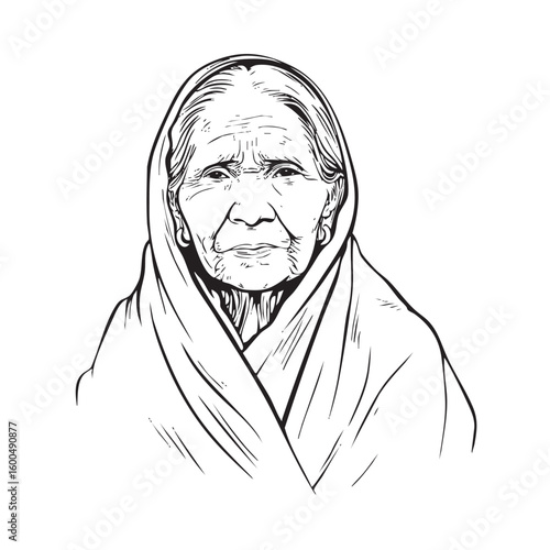 Elderly woman wearing a shawl showing wisdom and resilience