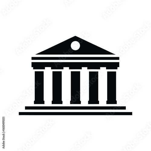 Black and white silhouette vector of a classical bank or courthouse building. Ideal for legal, corporate, or government design needs.