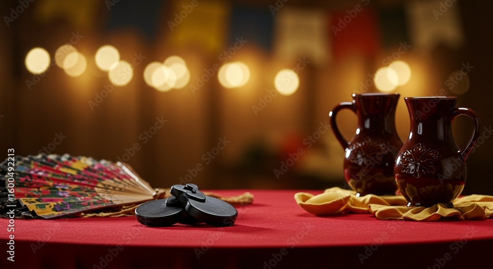 Obraz premium A festive table display with castanets, fan, and wine pitchers arranged on a red cloth under soft lights, evoking Spanish celebration.