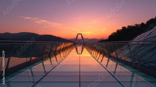 Glass bridge at sunset over valley