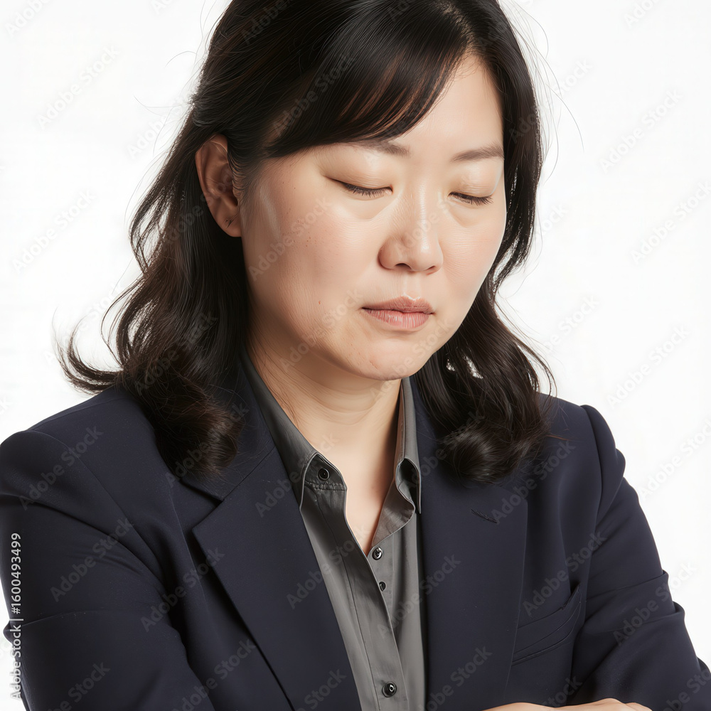 Contemplative state: An asian woman is captured in a portrait, with eyes gently closed, exuding a sense of quiet introspection and thoughtful focus. Contemplative state: An asian woman is captured in a portrait, with eyes gently closed, exuding a sense of quiet introspection and thoughtful focus.