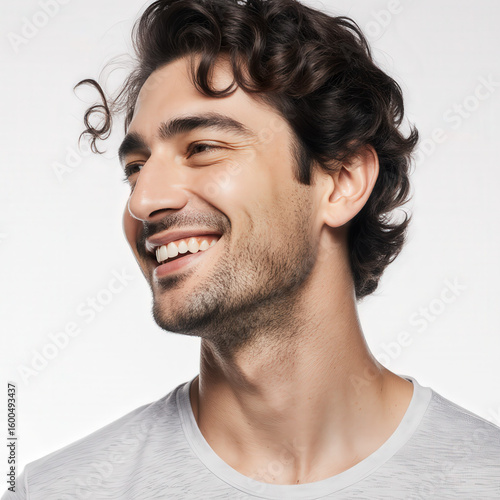 Radiant Joy: A portrait of a handsome man, his face illuminated by a genuine, joyful smile, reflecting warmth and approachable charm.
