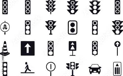 Collection of black and white traffic sign icons featuring stoplights pedestrian signals and road safety elements for design projects 
