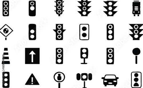 Collection of black and white traffic sign icons featuring stoplights pedestrian signals and road safety elements for design projects 
