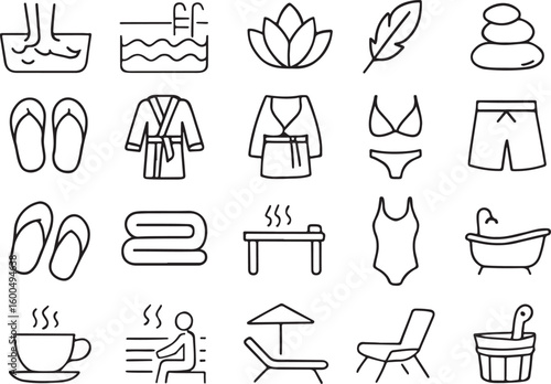 Spa relaxation items and activities line art wellness bath
