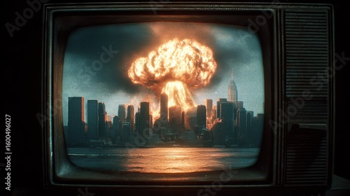 Vintage TV screen shows atomic bomb explosion over NYC
