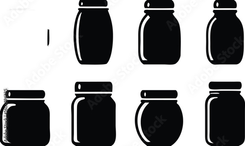 Vector illustration collection of various silhouetted glass jars with caps for preserving food or holding liquids 

