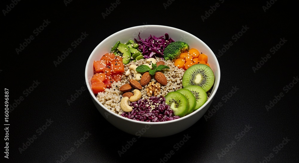 A vibrant and nutritious grain bowl filled with a colorful variety of fresh fruits, vegetables, grains, and nuts against a dark backdrop. A vibrant and nutritious grain bowl filled with a colorful variety of fresh fruits, vegetables, grains, and nuts against a dark backdrop.