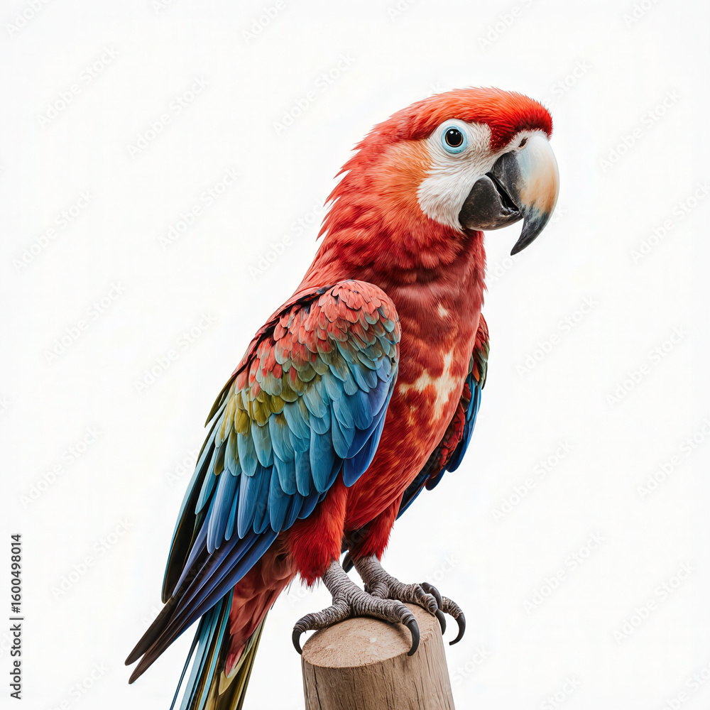 Fototapeta premium Crimson-Winged Beauty: A resplendent macaw perches regally against a vibrant backdrop, its crimson plumage and vibrant colors a testament to nature's artistry. 