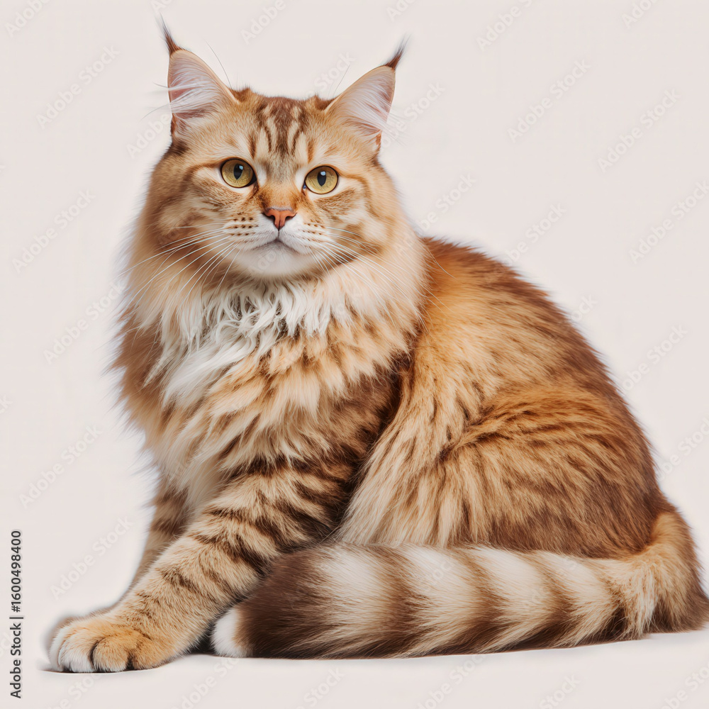 Obraz premium Majestic Maine Coon Cat Posing: A regal Maine Coon cat with its striking orange fur and captivating gaze sits regally, showcasing the breed's characteristic features and charm.
