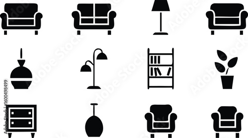 Black and white furniture and decor icons set on white background .