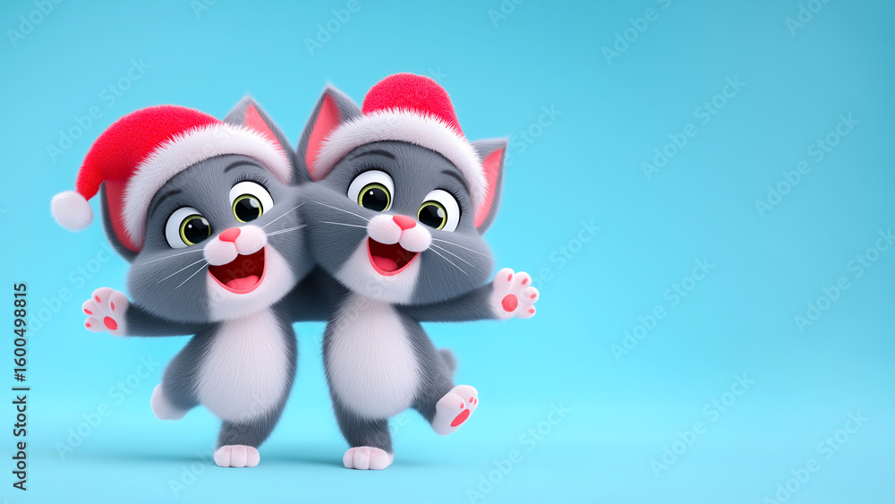 Fototapeta premium Christmas card. Two cute, funny and cheerful kittens in Santa hats hugging and smiling on a blue background with copy space. Funny cartoon cats