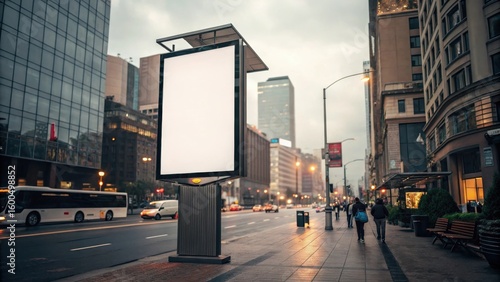 Freestanding vertical billboard on an urban street during twilight, surrounded by buildings, people walking, and vehicle lights.