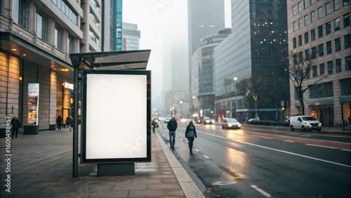Empty street billboard under overcast sky on a business district sidewalk, with people walking and cars driving by.