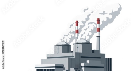 A simple flat vector illustration of an industrial nuclear power plant with two smoking chimneys, isolated on a white background.
