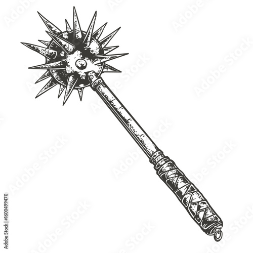 Vintage engraving of a medieval spiked mace (morning star), hand-drawn style, ideal for fantasy, historical, or knight-themed artwork.