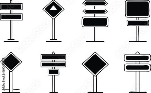 Set of black and white road signs featuring various shapes and directional arrows and information signs in modern style 