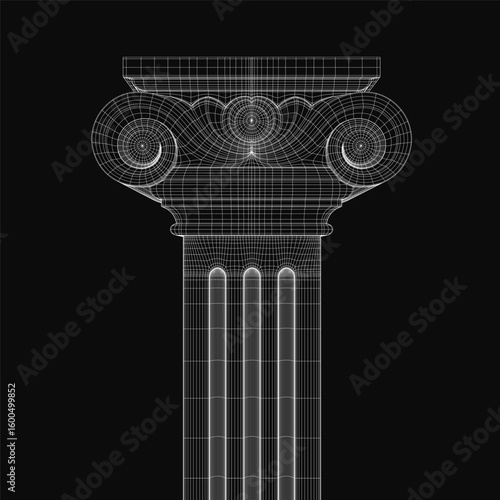 A black and white wireframe drawing of a Greek column features intricate details and multiple stacked sections. Each segment displays unique patterns, carefully rendered for a realistic architectural.