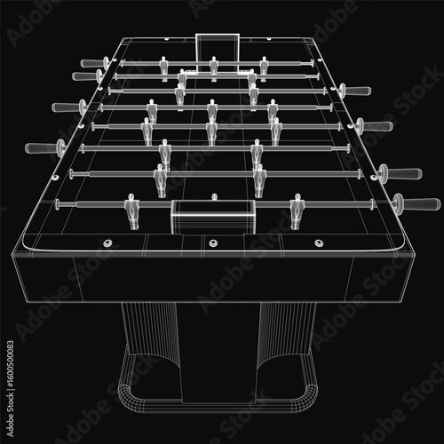 A 3D wireframe model of a foosball table displays intricate details of its mini football machine components on a black background. The blueprint highlights rods, players.