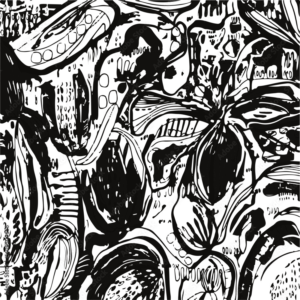 Fototapeta abstract, vector, monochrome, big flowers, all over textiles design, illustration digital image can be used for wrapping paper