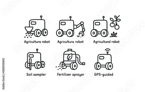 hand drawn cute out doodle style isolated agricultural robot seeding module agricultural robot weeding arm agricultural robot fit picker agricultural robot soil sampler agricultural robot