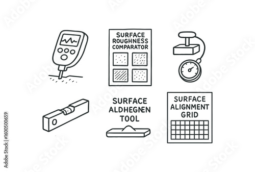 hand drawn cute out doodle style isolated surface wear layer surface profile scanner surface ness comparator surface adhesion tester surface leveling tool surface alignment