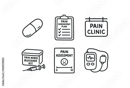 hand drawn cute out doodle style isolated painkiller capsule pain management plan pain clinic sign pain nerve blockade kit pain assessment form pain monitoring device
