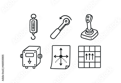 hand drawn cute out doodle style isolated force spring balance force torque wrench force feedback joystick force amplifier module force convergence point map force distribution