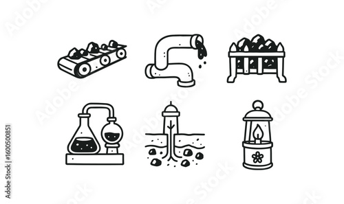 hand drawn cute out doodle style isolated coal conveyor belt coal slurry pipe coal fireplace grate coal tar distillation unit coal bed methane well coal safety lamp