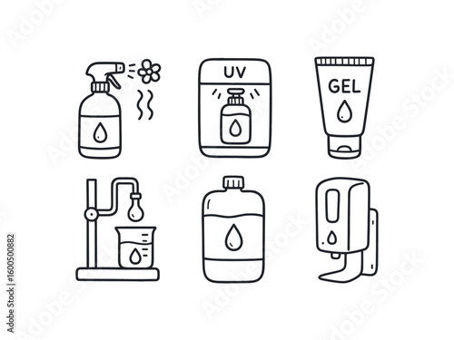 hand drawn cute out doodle style isolated sanitizer fragrance additive sanitizer UV sterilizer sanitizer gel polymer sanitizer viscosity tester sanitizer packaging cartridge sanitizer wall