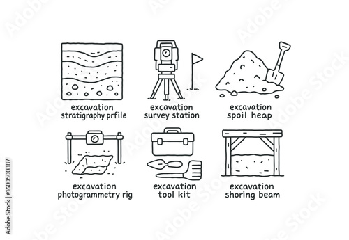 hand drawn cute out doodle style isolated ecavation stratigraphy profile ecavation survey station ecavation spoil heap ecavation photogrammetry rig ecavation tool kit ecavation shoring beam