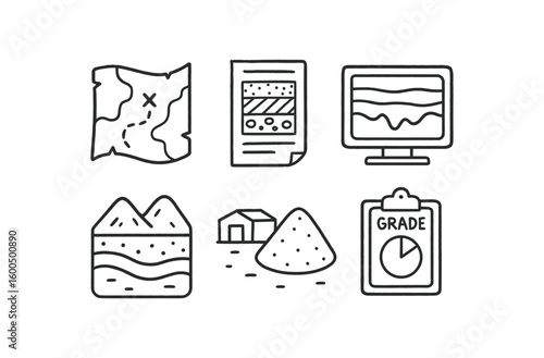 hand drawn cute out doodle style isolated deposit mineral map deposit lithology log deposit seismic survey deposit cross section deposit stockpile yard deposit grade analysis
