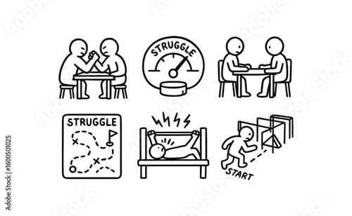 hand drawn cute out doodle style isolated stggle arm wrestling stand stggle resistance meter stggle negotiation table stggle war game board stggle stress test rig stggle obstacle course