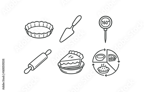 hand drawn cute out doodle style isolated pie pan mold pie server utensil pie temperature probe pie dough roller pie corner glass pie sequence chart