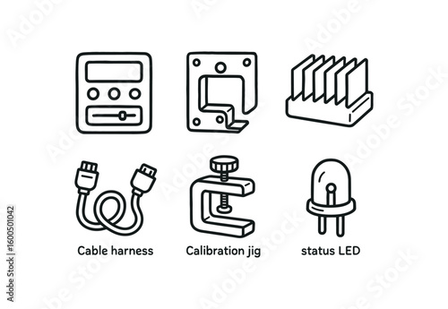 hand drawn cute out doodle style isolated device control panel device mounting bracket device heat sink device cable harness device calibration jig device status LED