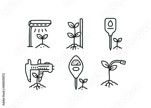 hand drawn cute out doodle style isolated sprout LED grow sprout support stake sprout moisture sensor sprout root caliper sprout soil tester sprout stem fle sensor