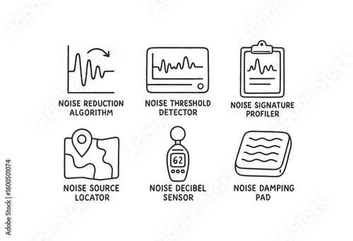 hand drawn cute out doodle style isolated noise uction algorithm noise threshold detector noise signature profiler noise source locator noise decibel sensor noise damping pad