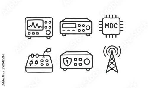 hand drawn cute out doodle style isolated radio spectm analyzer radio broadcast encoder radio modulation chip radio station console radio encryption unit radio antenna mast