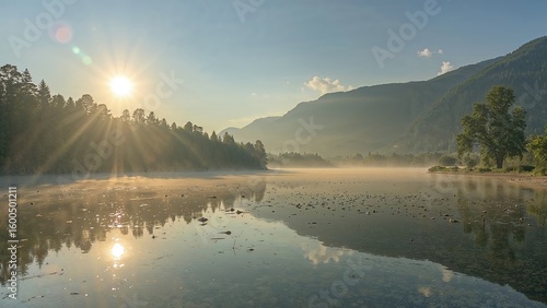 Fototapeta Naklejka Na Ścianę i Meble -  Mountain river embraced by the soft haze of morning