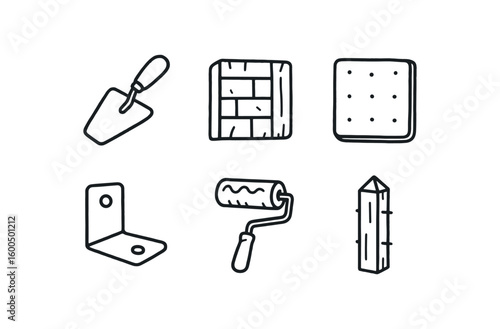 hand drawn cute out doodle style isolated wall plaster trowel wall cladding panel wall soundproof board wall mounting bracket wall paint roller wall fence post