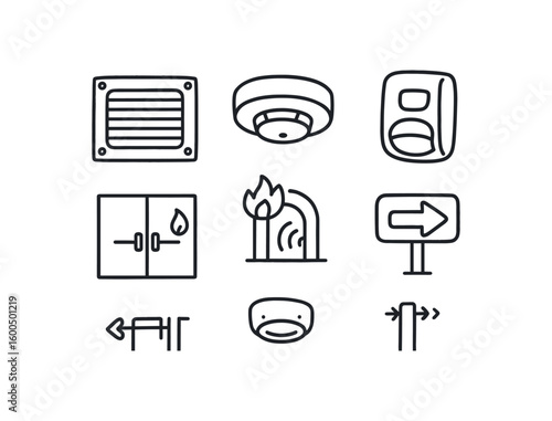 hand drawn cute out doodle style isolated corridor ventilation grille corridor smoke detector corridor motion sensor corridor fire door corridor echo chamber corridor wayfinding sign