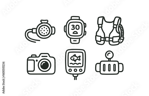 hand drawn cute out doodle style isolated immersion scuba regulator immersion dive computer immersion ballast control immersion buoyancy vest immersion underwater camera immersion sonar