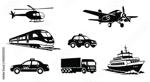 Transport & Vehicle Icon Set – Black Silhouette Vectors of Air, Land, and Sea Travel