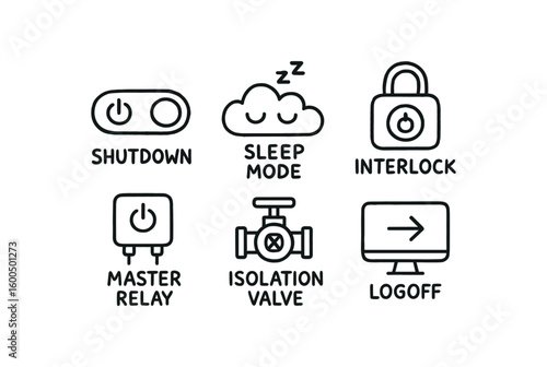 hand drawn cute out doodle style isolated shutdown sleep mode toggle shutdown system halt instction shutdown safety interlock shutdown master relay shutdown isolation valve shutdown logoff