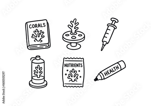 hand drawn cute out doodle style isolated coral taonomy guidebook coral frag plug holder coral feeding syringe coral calcium reactor tube coral nutrient supplement packet coral health dye
