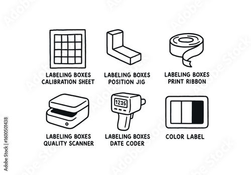 hand drawn cute out doodle style isolated labeling boes calibration sheet labeling boes position jig labeling boes print ribbon labeling boes quality scanner labeling boes date coder