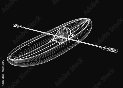 A sleek black and white rubber kayak with two oars, drawn in clean contour lines against a dark background. The minimalist design highlights the boat's elegant shape and smooth edges.