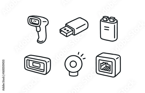 hand drawn cute out doodle style isolated barcode scanner USB dongle barcode scanner battery pack barcode scanner sensor array barcode scanner firmware module barcode scanner status LED