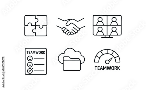 hand drawn cute out doodle style isolated teamwork puzzle pieces teamwork handshake icon teamwork video call screen teamwork feedback form teamwork sha drive teamwork rapport meter
