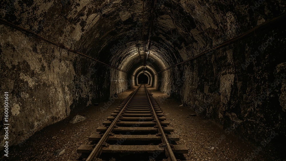 Obraz premium Illuminated underground mining passage with tracks